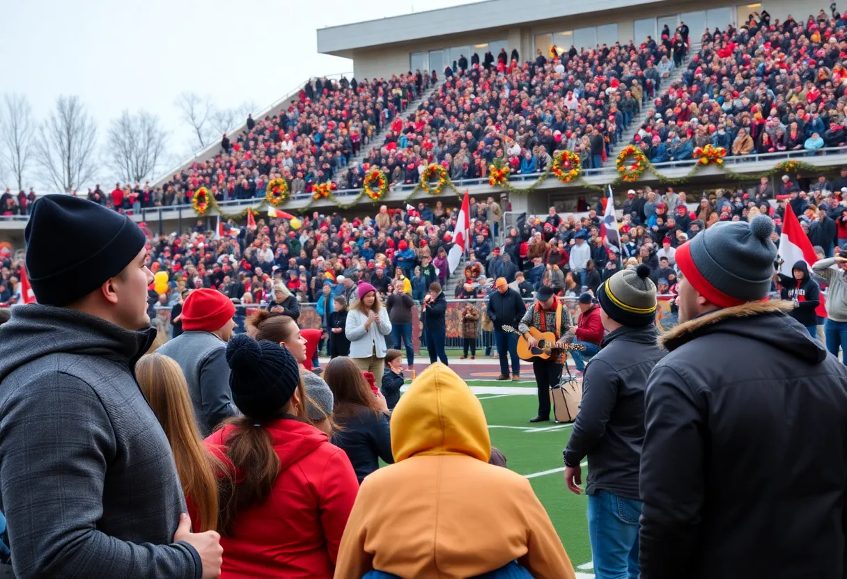 Fans celebrating Thanksgiving Day NFL games with performances.