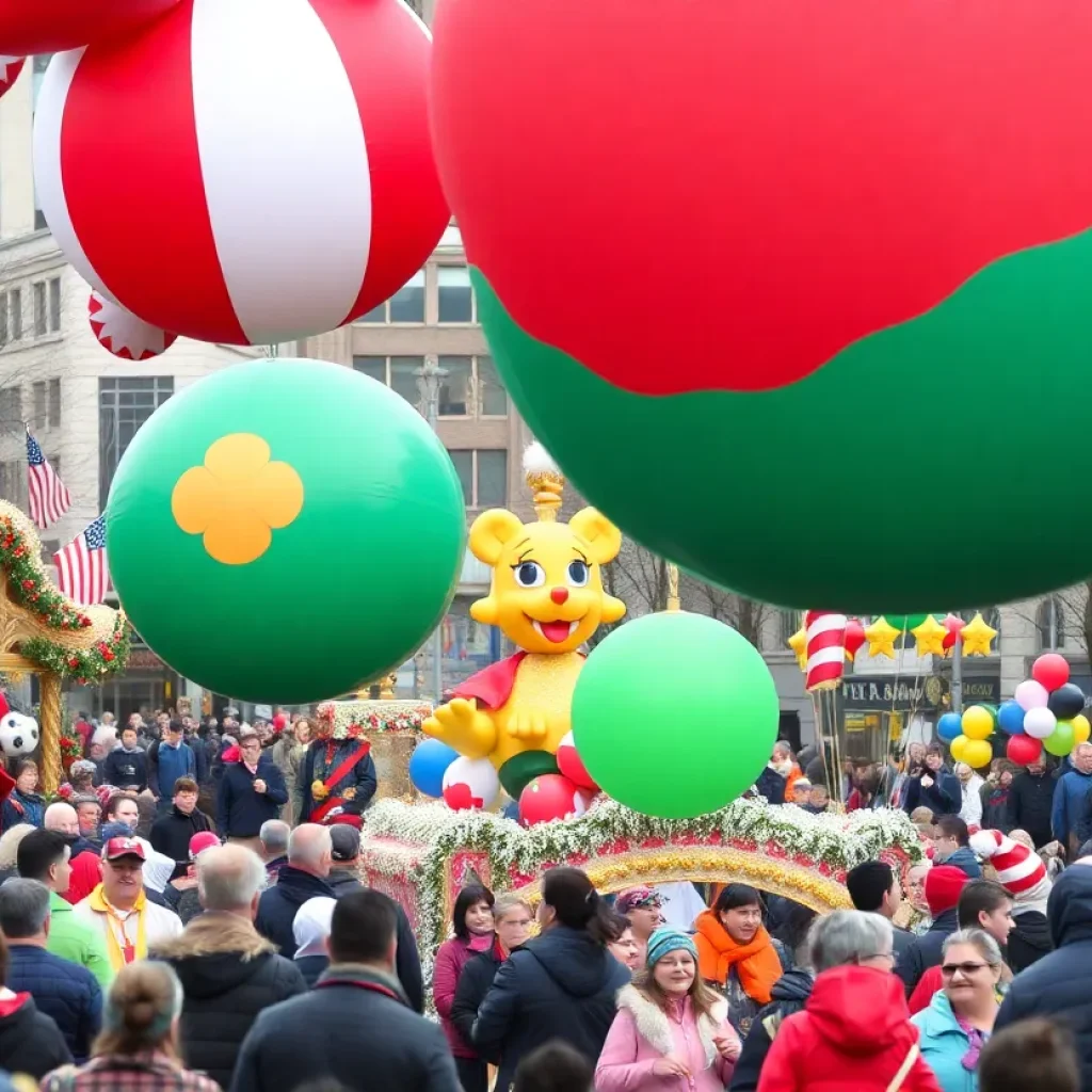 Crowd enjoying America's Thanksgiving Parade with vibrant floats and balloons