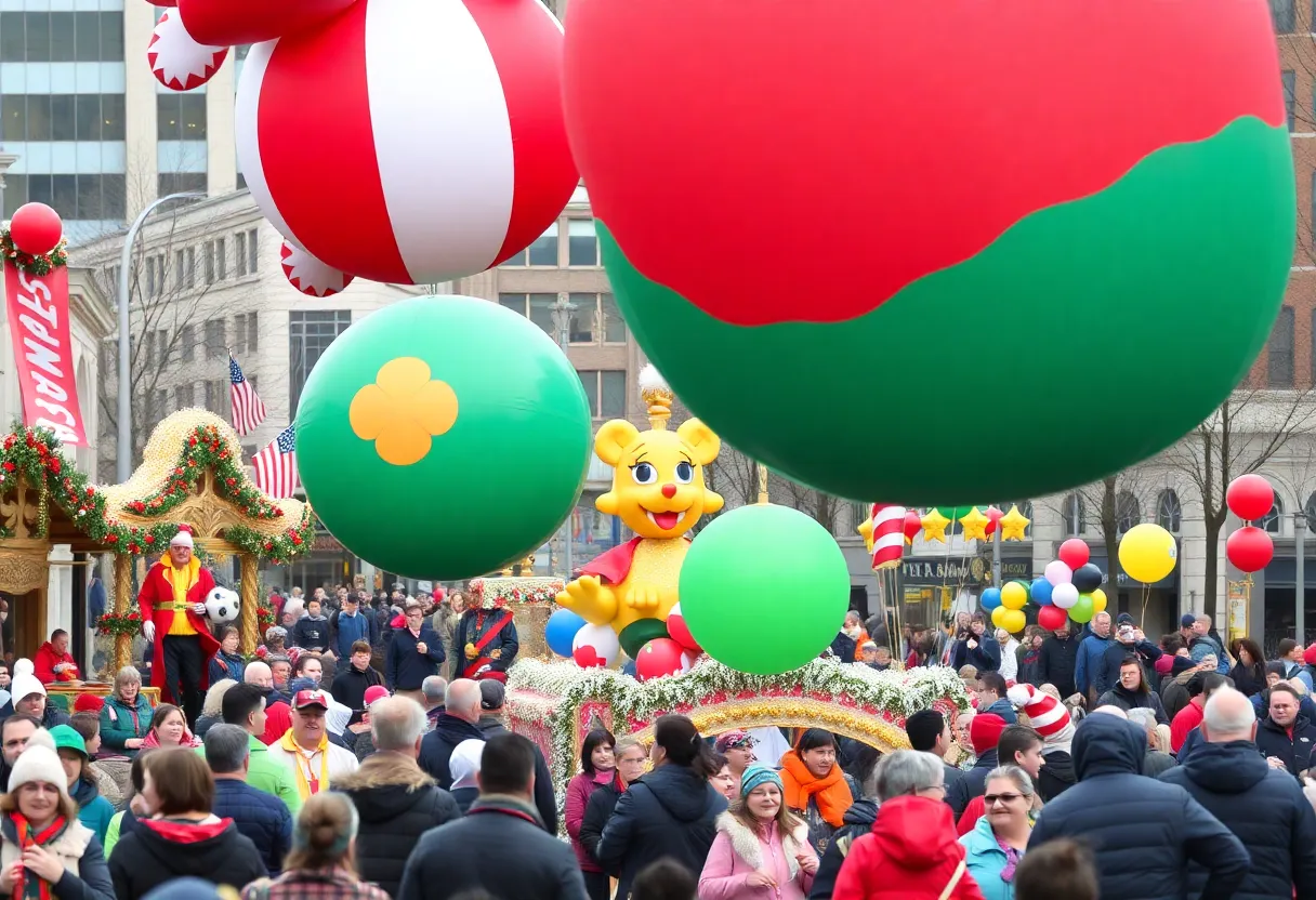 Crowd enjoying America's Thanksgiving Parade with vibrant floats and balloons