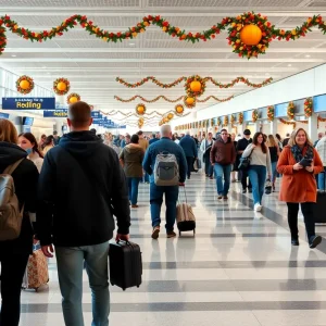 Busy terminal at Detroit Metro Airport during Thanksgiving travel season