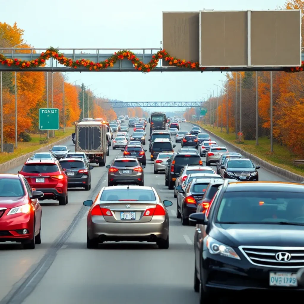 Highway bustling with cars during Thanksgiving travel season
