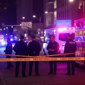 Police officers at a crime scene with caution tape and emergency vehicles in the background.