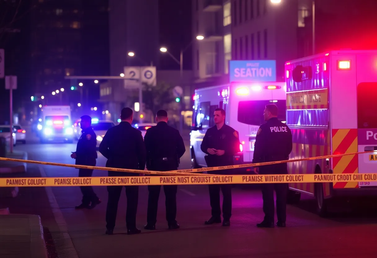 Police officers at a crime scene with caution tape and emergency vehicles in the background.