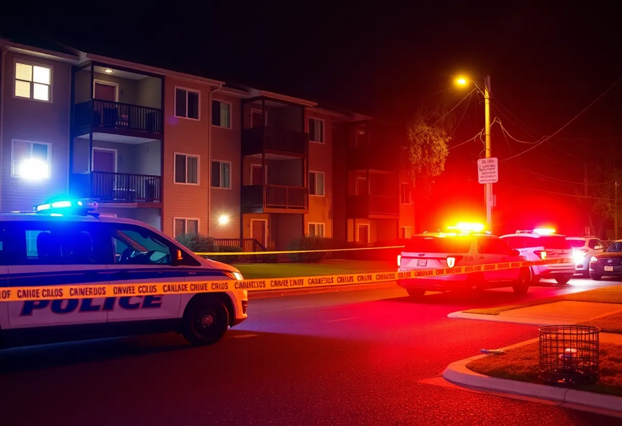 Police vehicles at an apartment complex after a shooting incident.