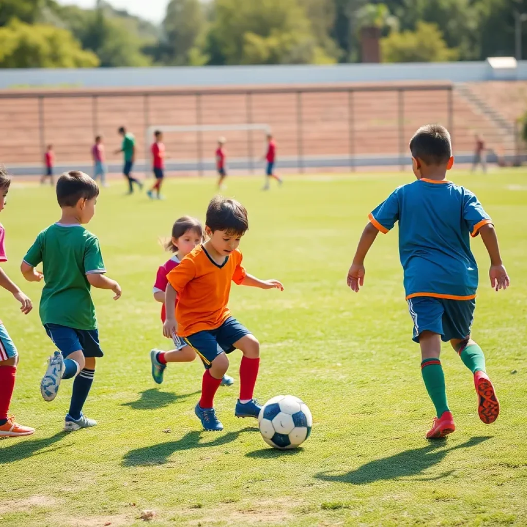 Children playing soccer on a community field, representing grassroots development.