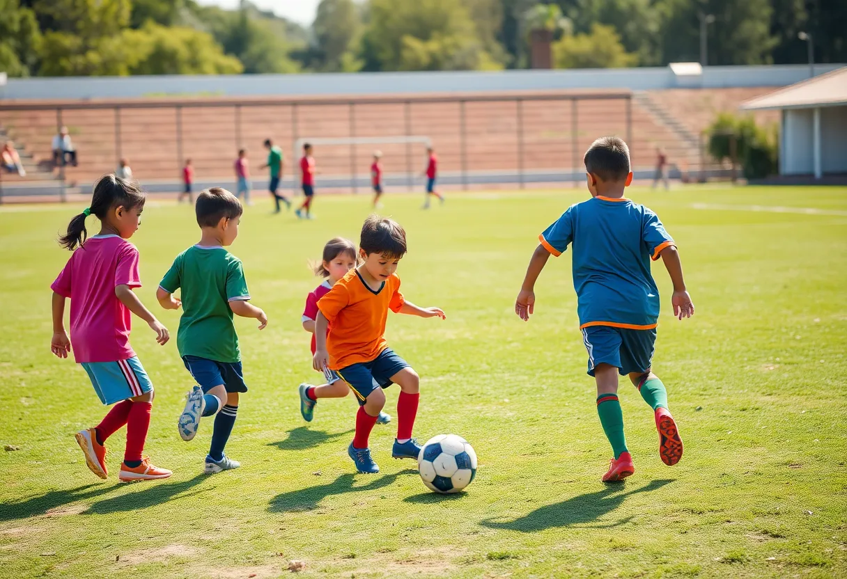Children playing soccer on a community field, representing grassroots development.