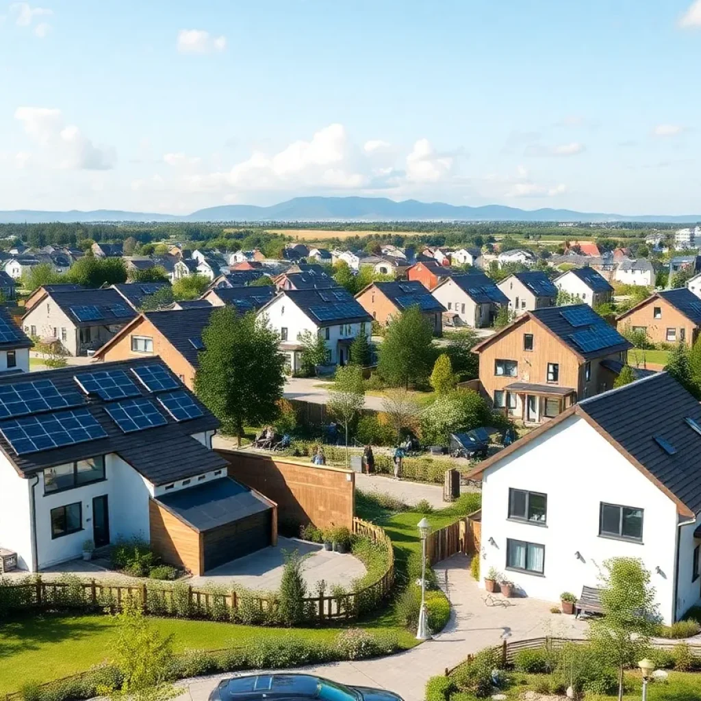 Sustainable homes in Veridian at County Farm with solar panels.