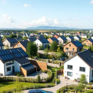 Sustainable homes in Veridian at County Farm with solar panels.