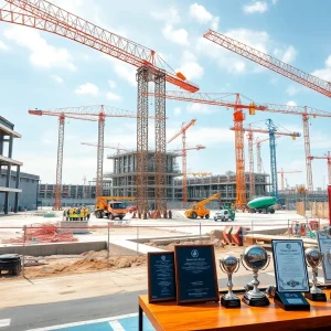Aerial view of an automotive construction site with cranes, steel framing and workers in safety gear