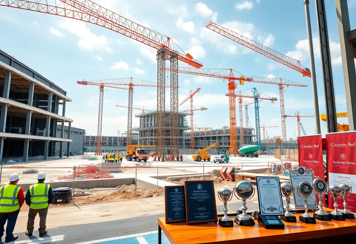 Aerial view of an automotive construction site with cranes, steel framing and workers in safety gear