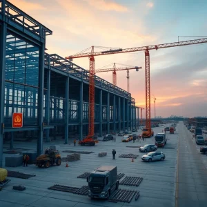 Industrial construction site building an automotive plant with cranes and workers in safety gear