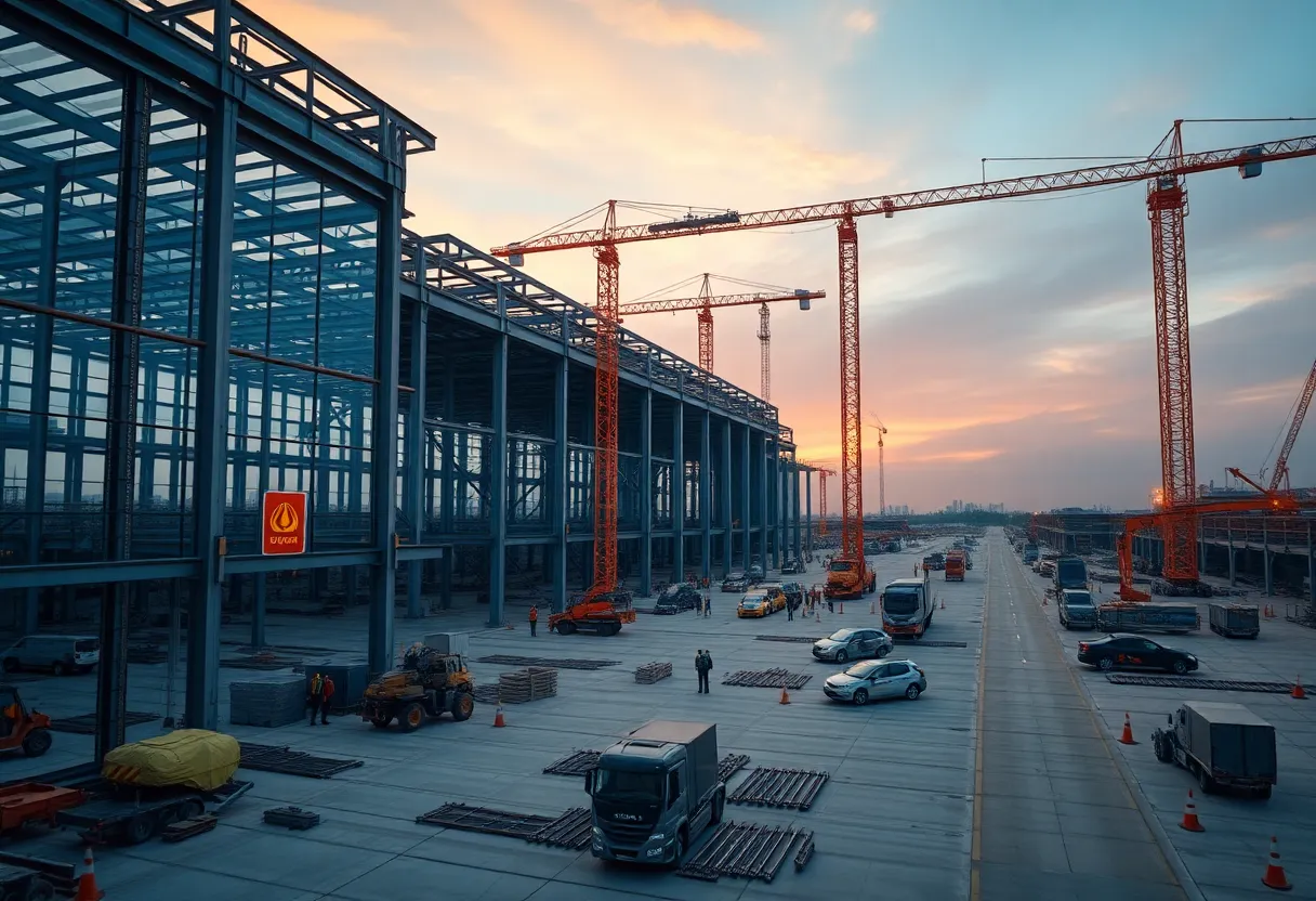 Industrial construction site building an automotive plant with cranes and workers in safety gear
