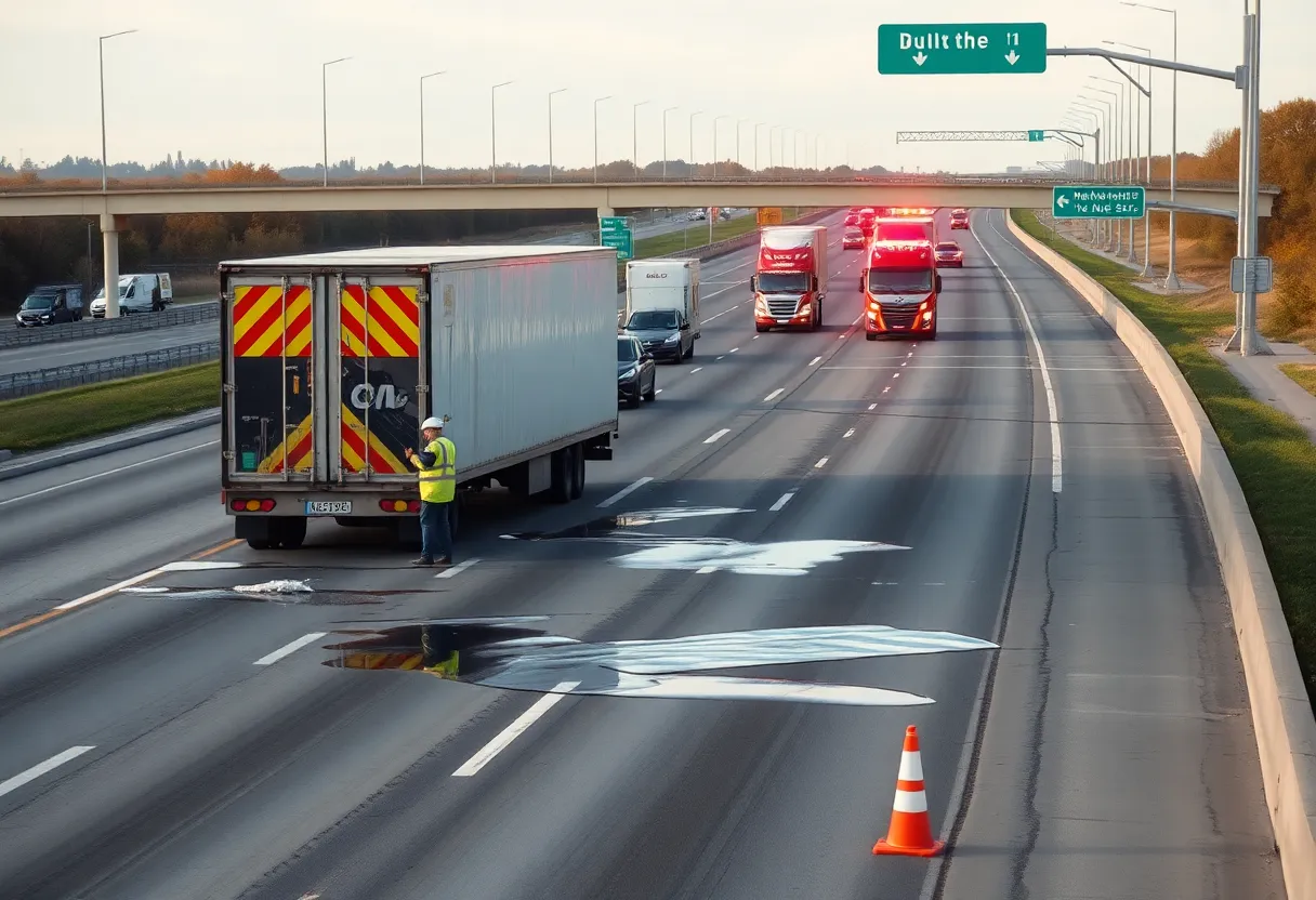 Cleanup operations after a semi-truck crash on I-696 in Warren, Michigan.