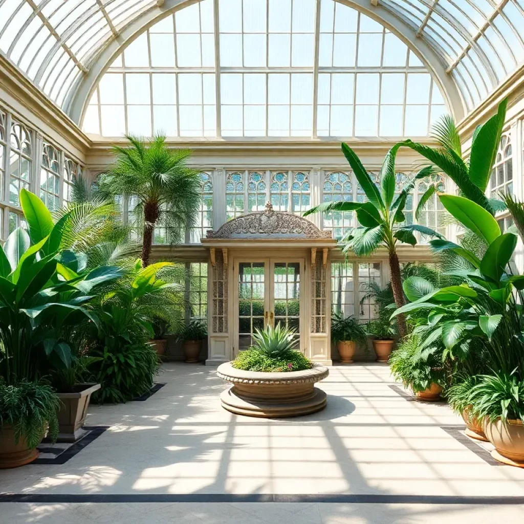Interior view of the renovated Anna Scripps Whitcomb Conservatory showcasing exotic plants and bright glass structures.