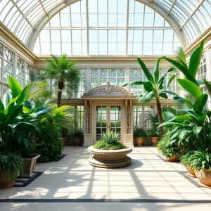 Interior view of the renovated Anna Scripps Whitcomb Conservatory showcasing exotic plants and bright glass structures.