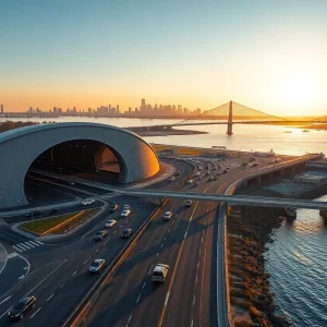 Aerial view of Windsor-Detroit Tunnel entrance with vehicles and a cable-stayed bridge under construction in the background