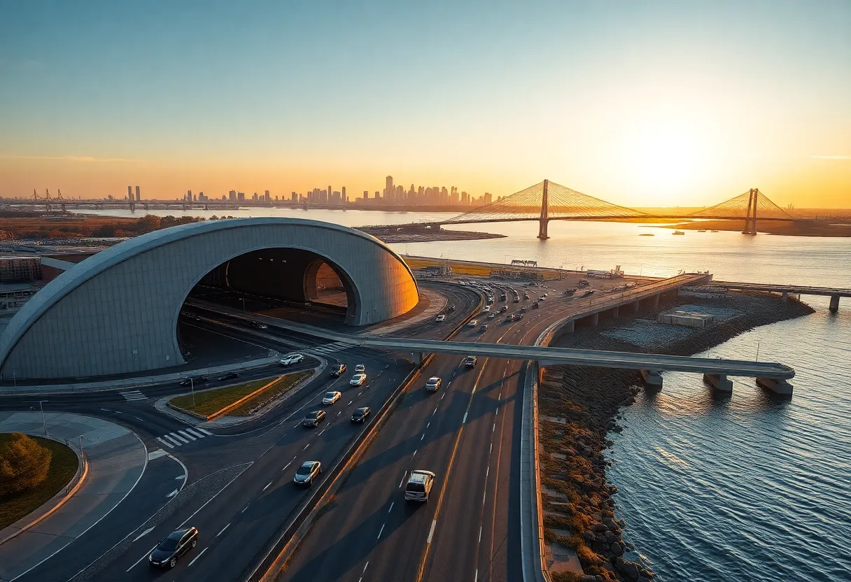 Aerial view of Windsor-Detroit Tunnel entrance with vehicles and a cable-stayed bridge under construction in the background