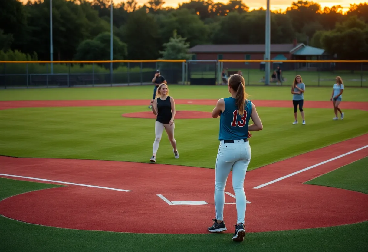 Female baseball players practicing on a field at sunset