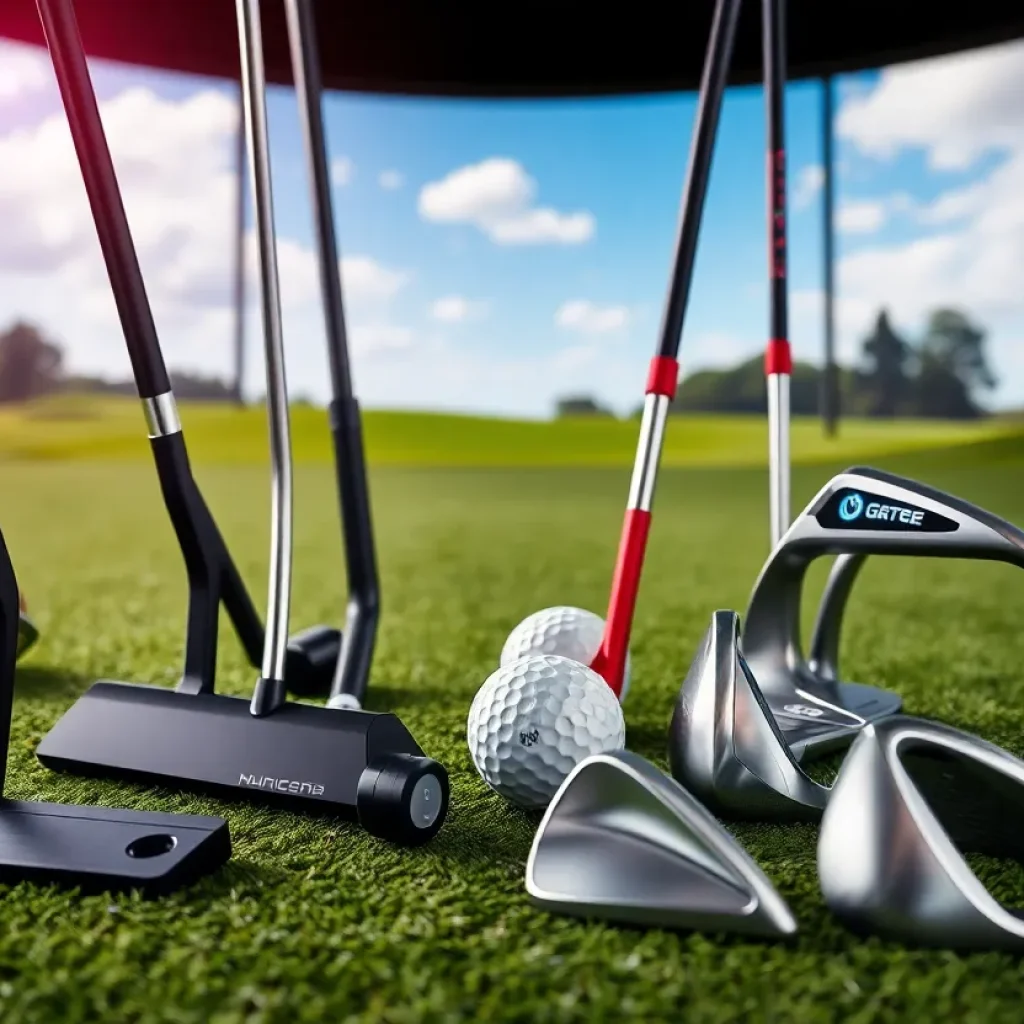 Display of new golf equipment including putters and clubs for the 2025 season.