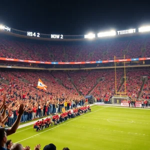 San Francisco 49ers fans celebrating in a crowded stadium