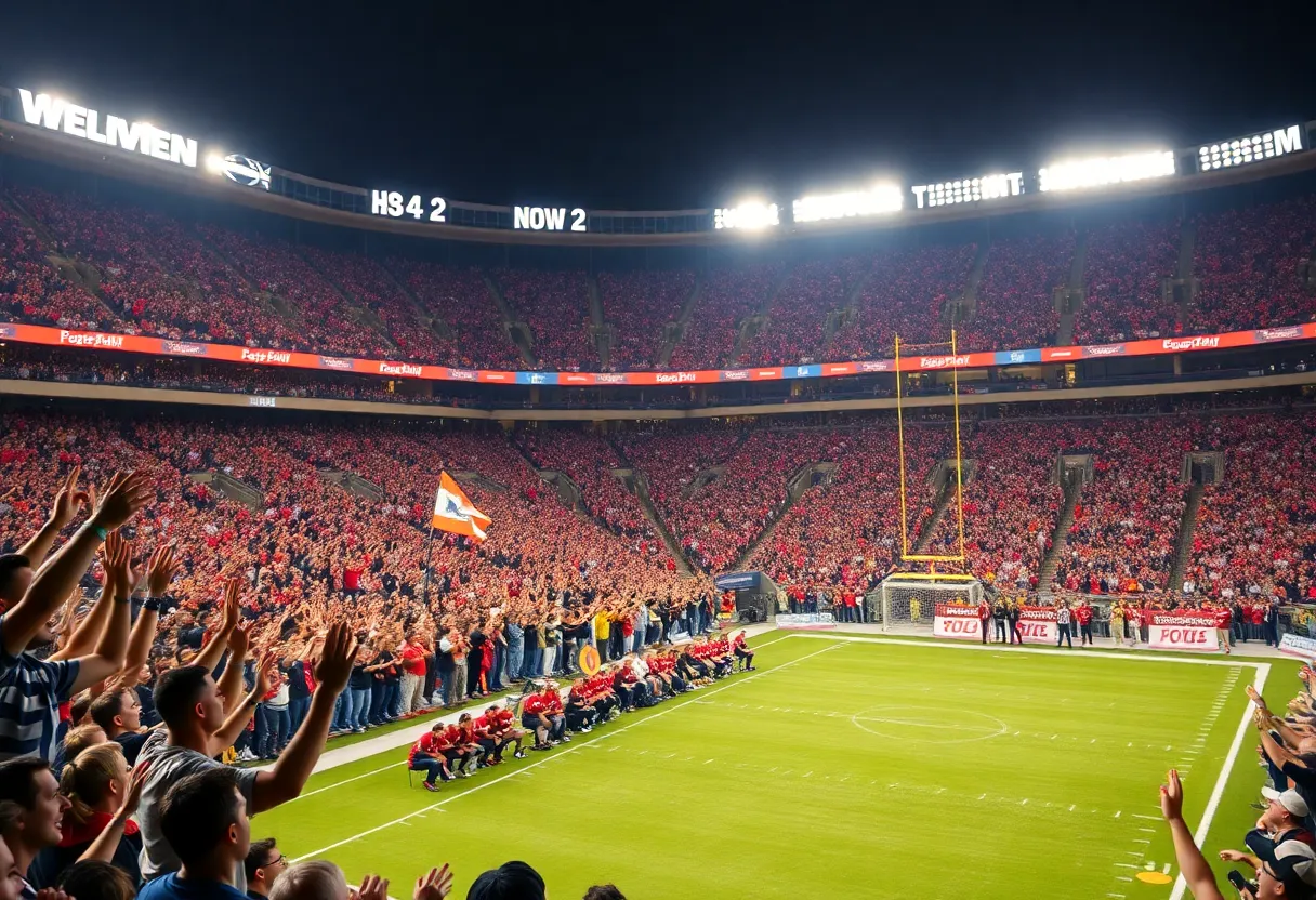San Francisco 49ers fans celebrating in a crowded stadium