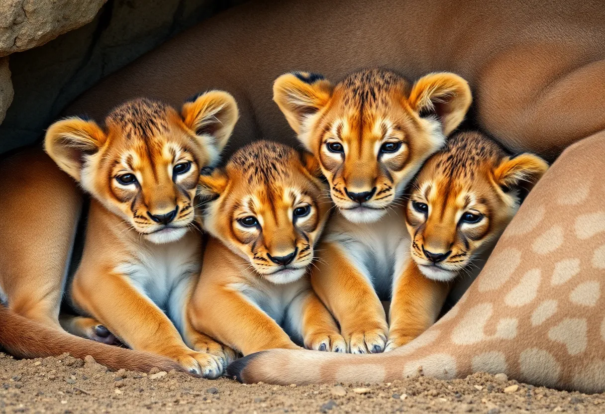Three African lion cubs cuddling in their den with their mother.