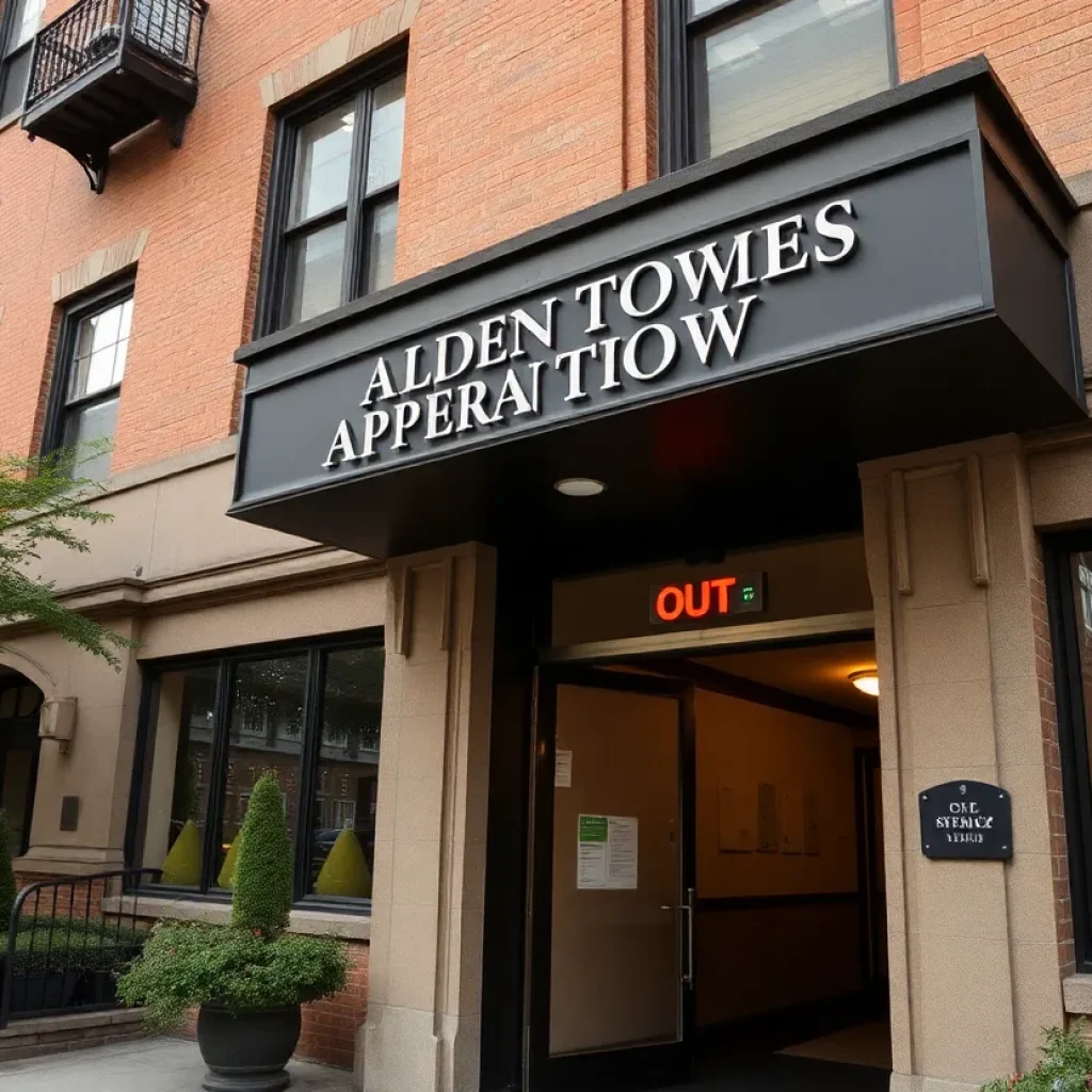 Main entrance of Alden Towers Apartments with elevator sign
