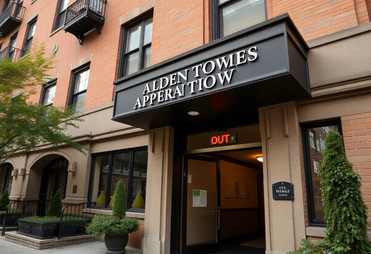 Main entrance of Alden Towers Apartments with elevator sign