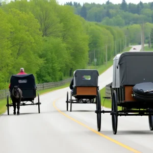 Horse-drawn buggy traveling on a rural Michigan road