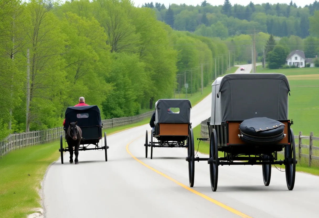 Horse-drawn buggy traveling on a rural Michigan road