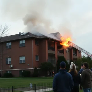 Firefighters battling an apartment fire in Ann Arbor Township, with residents evacuated and emergency services on site.