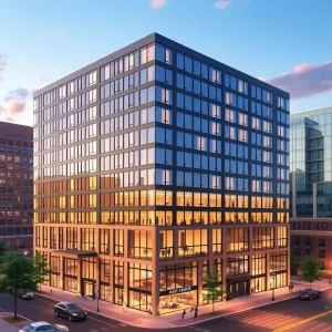 Rendering of a proposed high-rise building in Ann Arbor with hotel space.