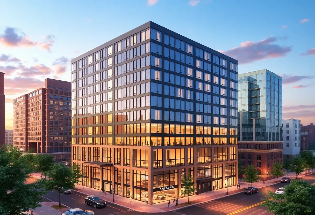 Rendering of a proposed high-rise building in Ann Arbor with hotel space.