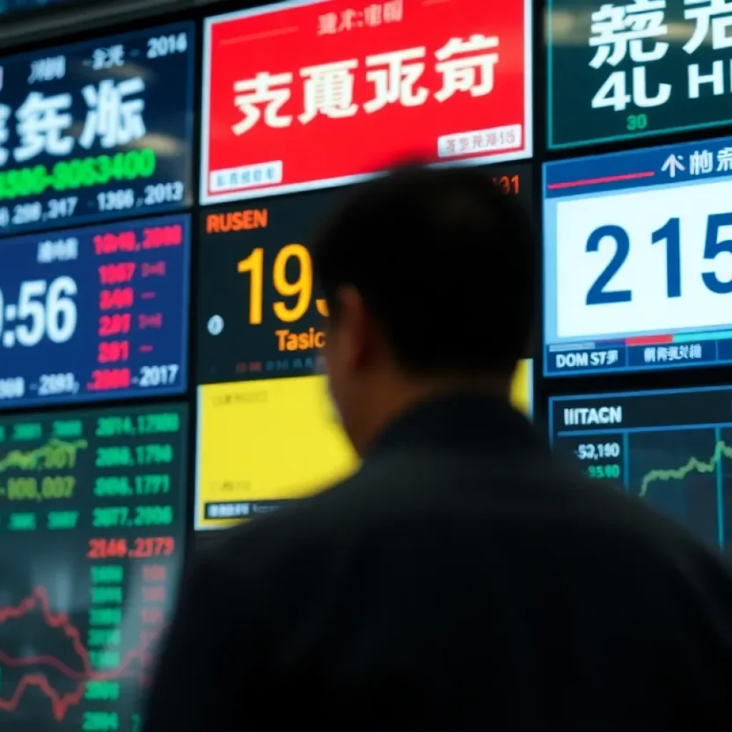 Screens showing stock market activity with fluctuating prices