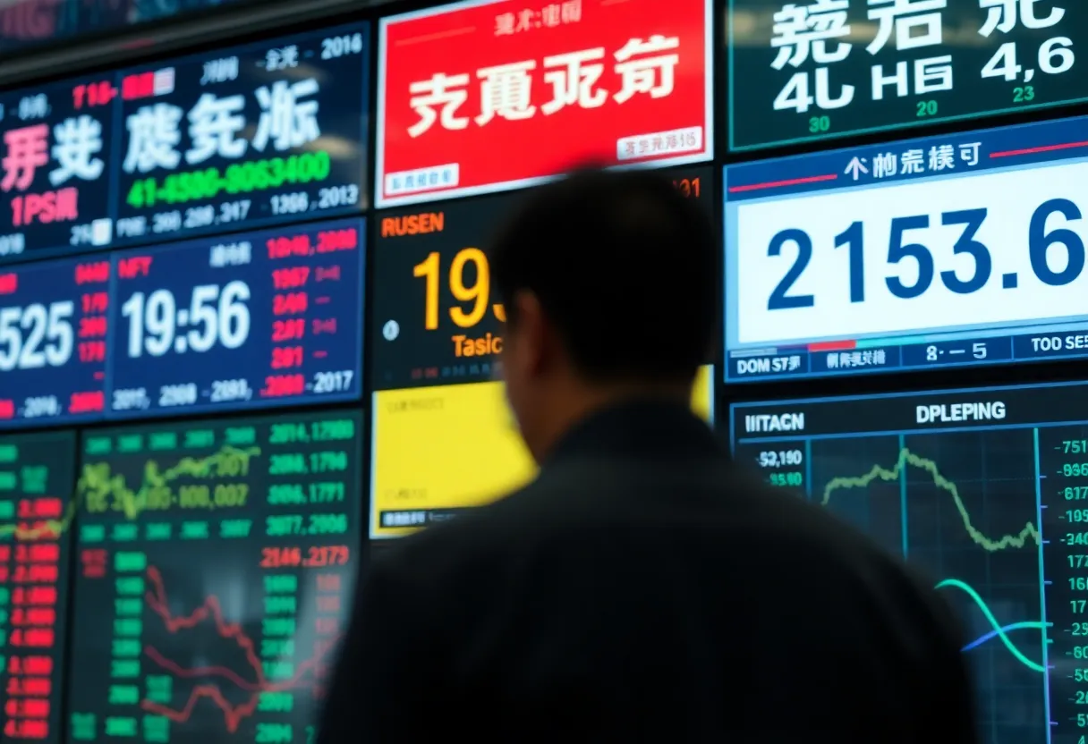 Screens showing stock market activity with fluctuating prices
