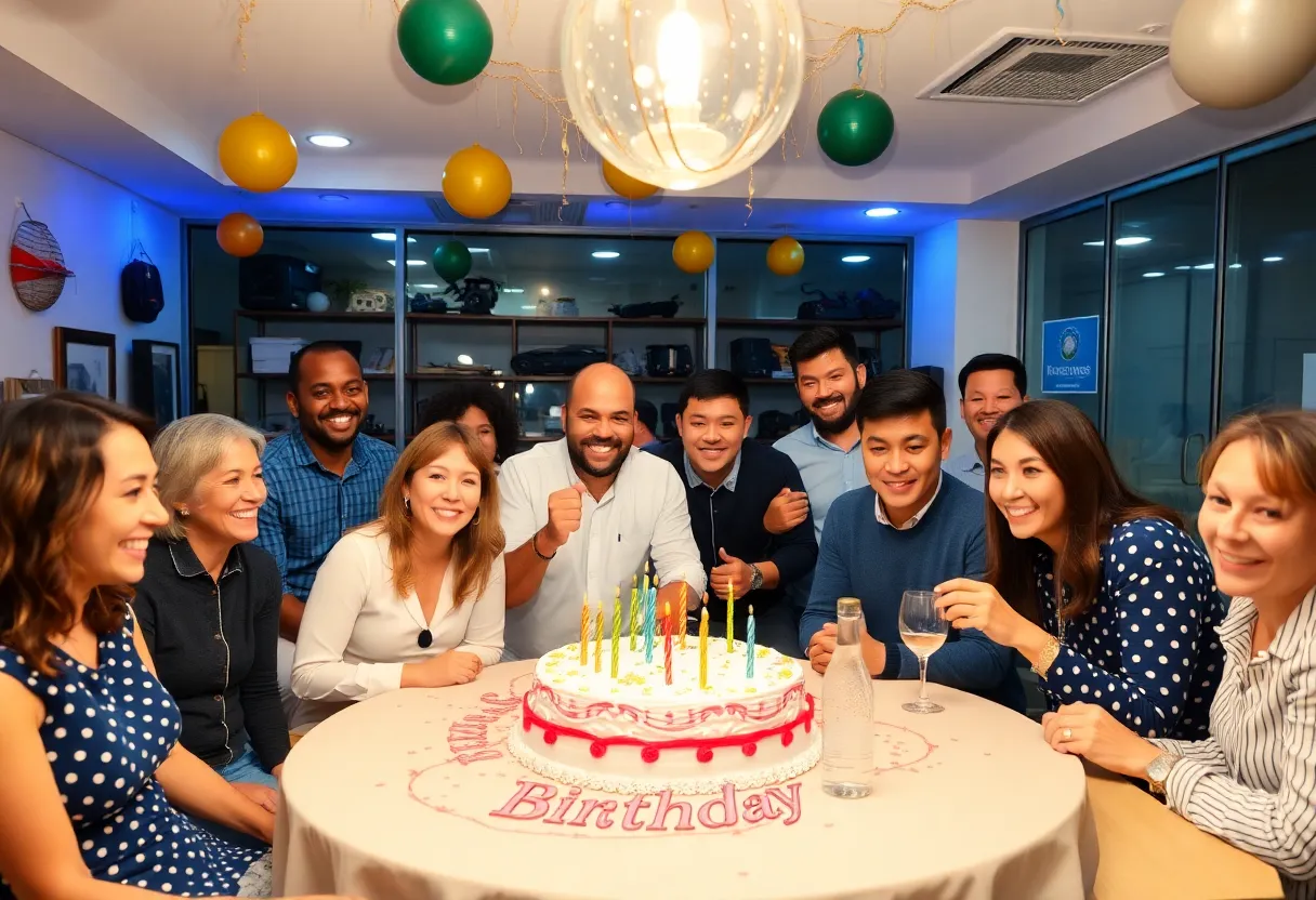 A vibrant birthday celebration for a golf industry icon at the headquarters with guests and decorations.