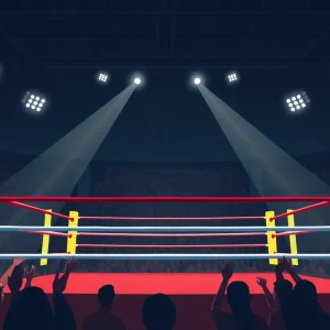Boxers preparing for a match in a ring with an enthusiastic audience in attendance.