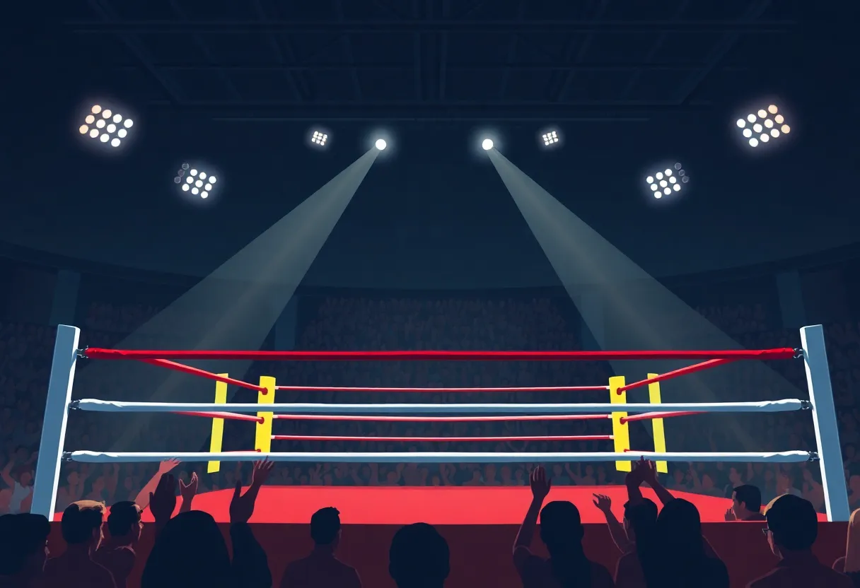 Boxers preparing for a match in a ring with an enthusiastic audience in attendance.