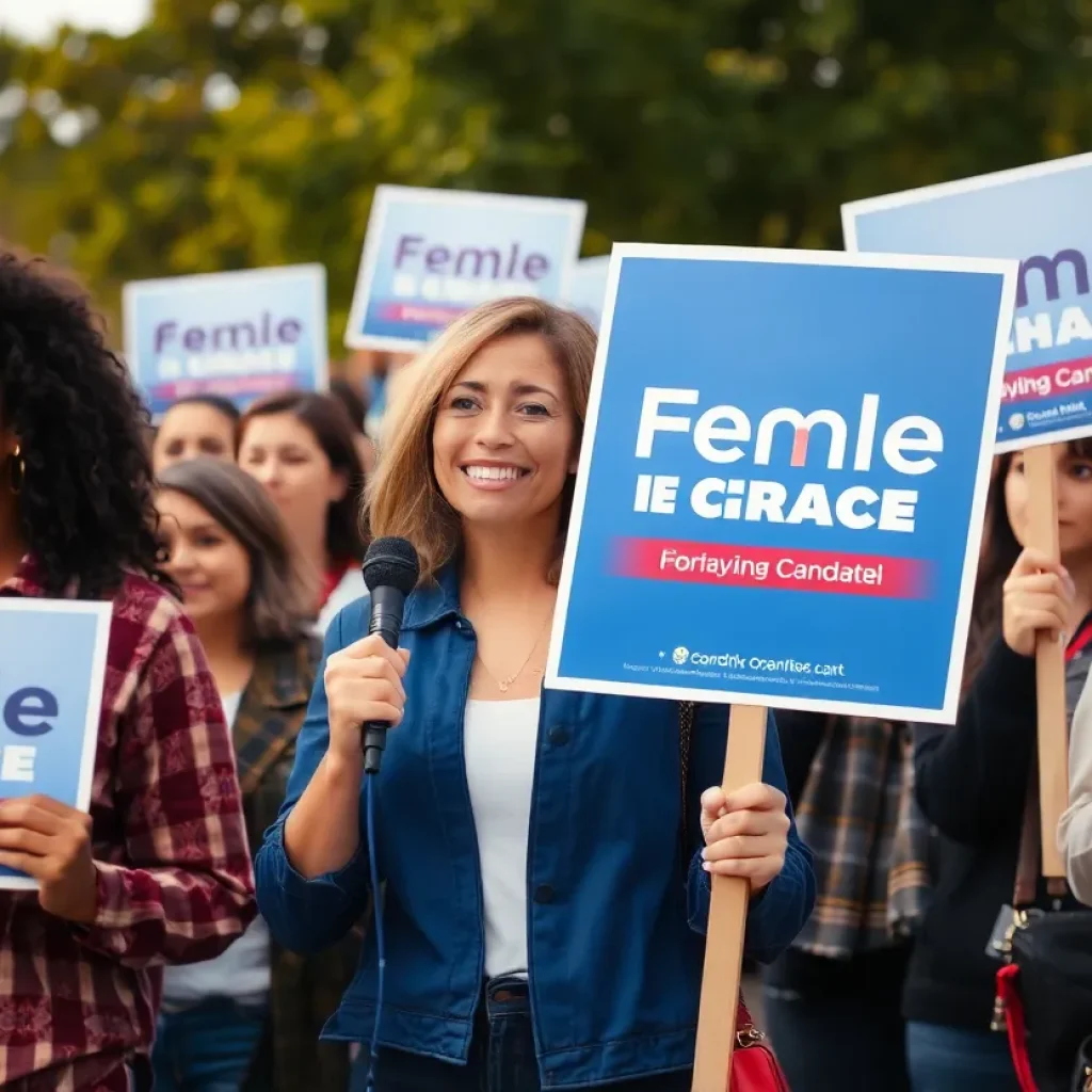 Supporters at a campaign rally for Bridget Brink
