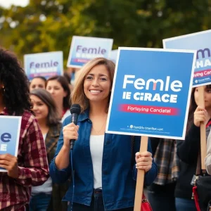 Supporters at a campaign rally for Bridget Brink