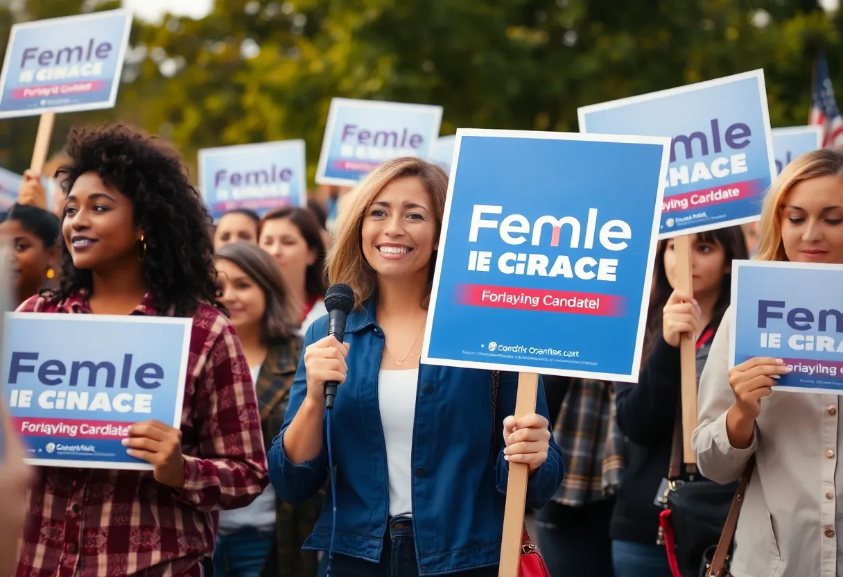 Supporters at a campaign rally for Bridget Brink