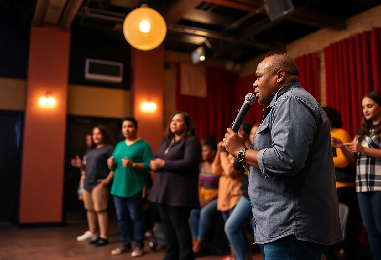 A theater stage with performers showcasing a musical in Detroit.