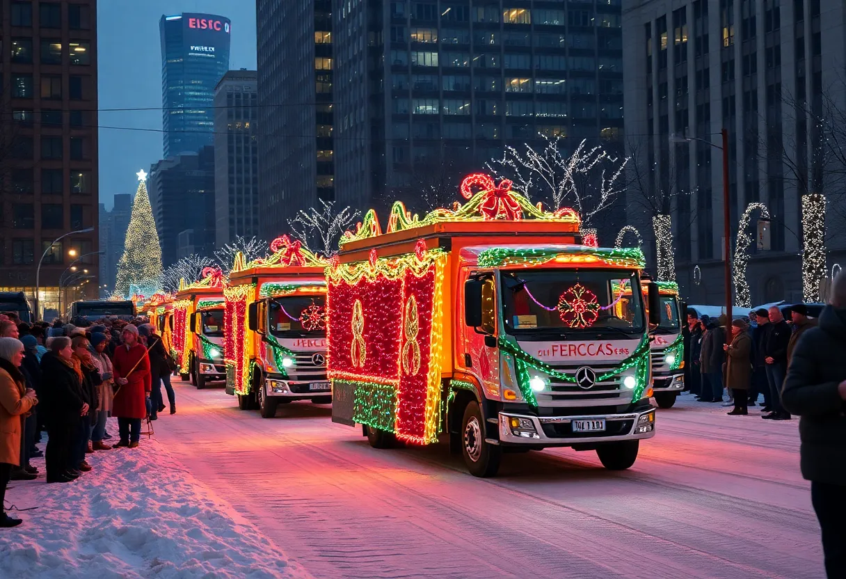 Chevy Silverado EVs in a holiday parade gathering cheer from the community
