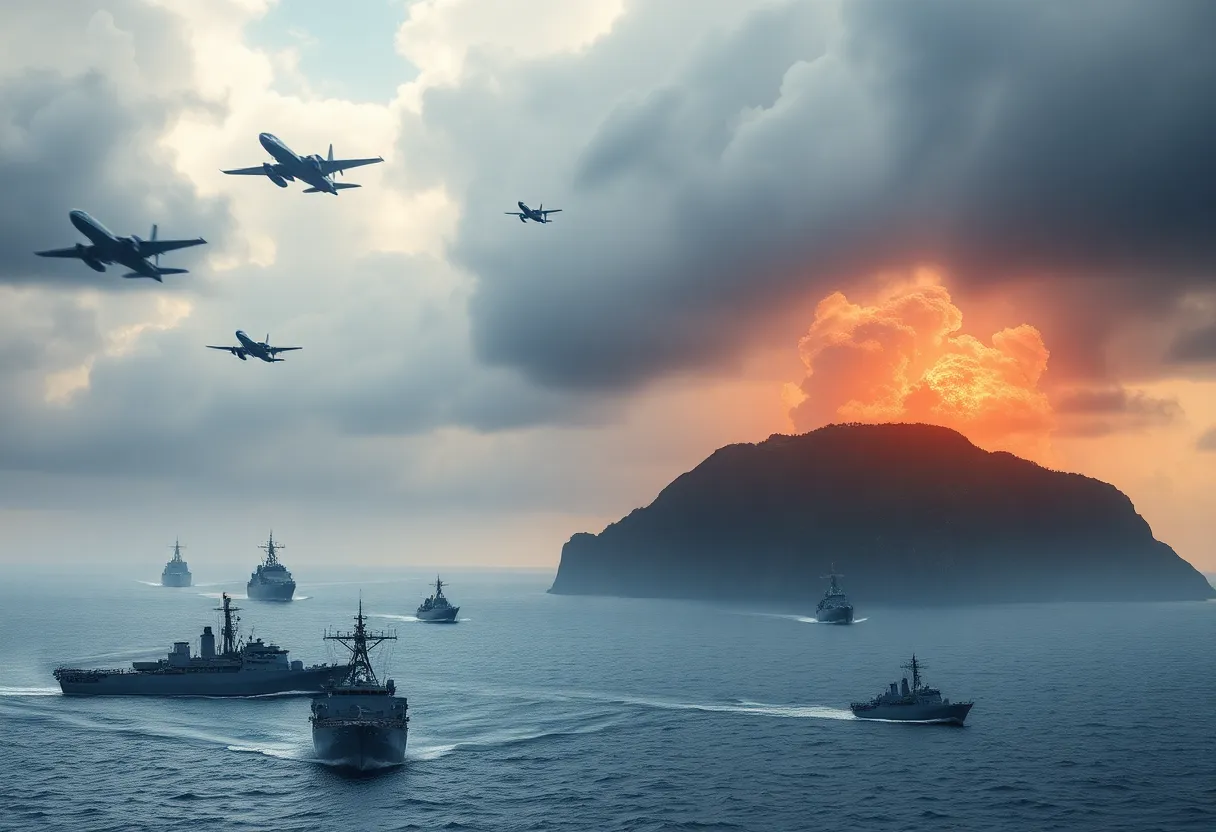 Military drills conducted by China near Taiwan showing naval and air forces.