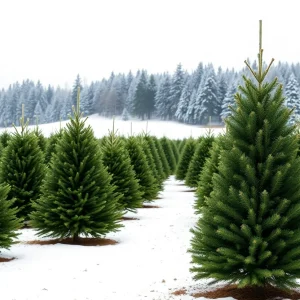 A picturesque Christmas tree farm covered in snow with various evergreen trees.