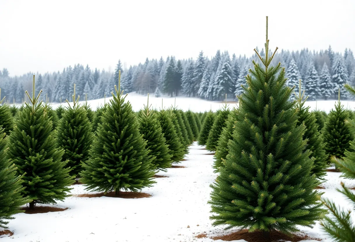 A picturesque Christmas tree farm covered in snow with various evergreen trees.