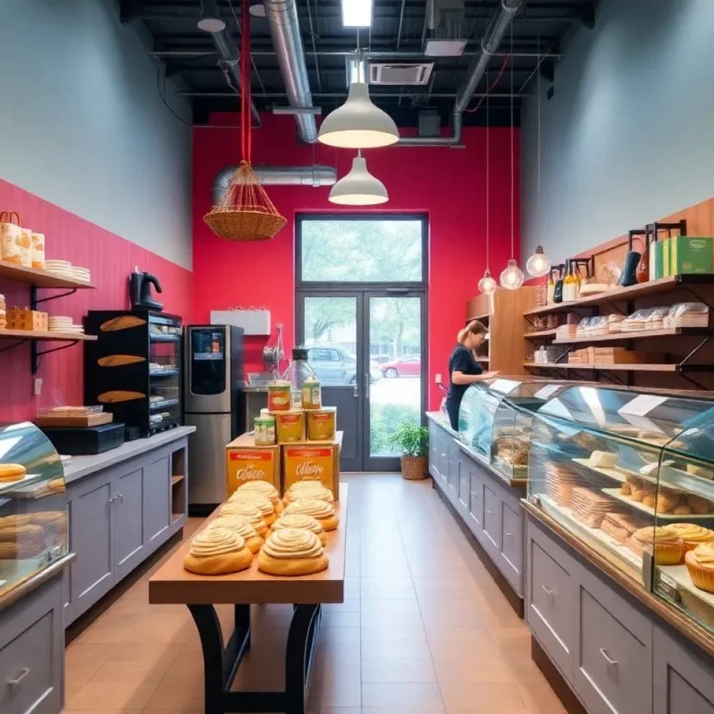 Interior of Cinnaholic vegan bakery showcasing an assortment of cinnamon rolls and pastries.