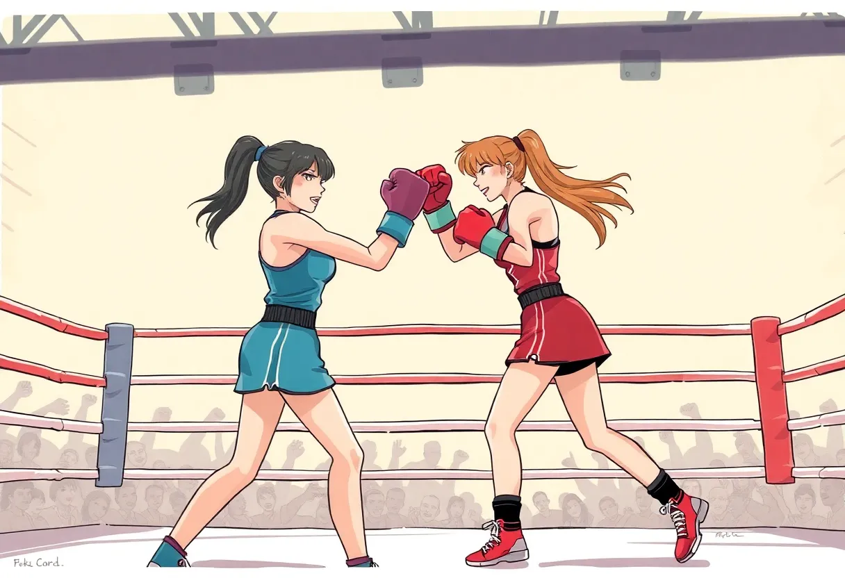 Female boxers in the ring during a match