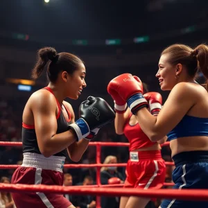 Claressa Shields during a boxing match at Little Caesars Arena
