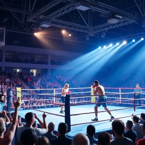 Vibrant scene of a boxing match with enthusiastic crowd